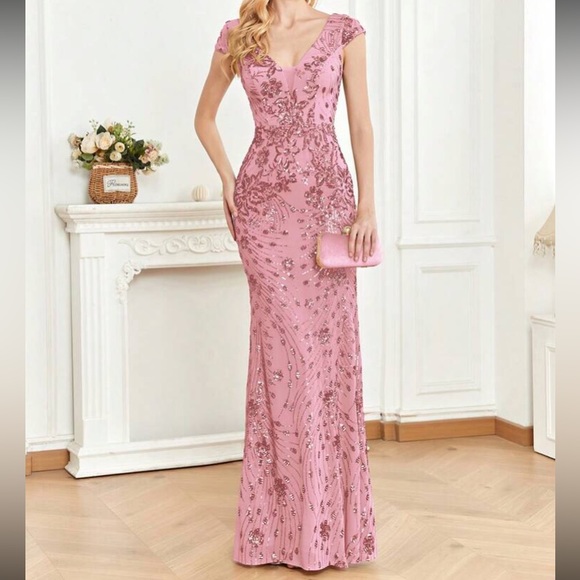 Luxe V neck sequin formal evening party dress - Picture 3 of 7